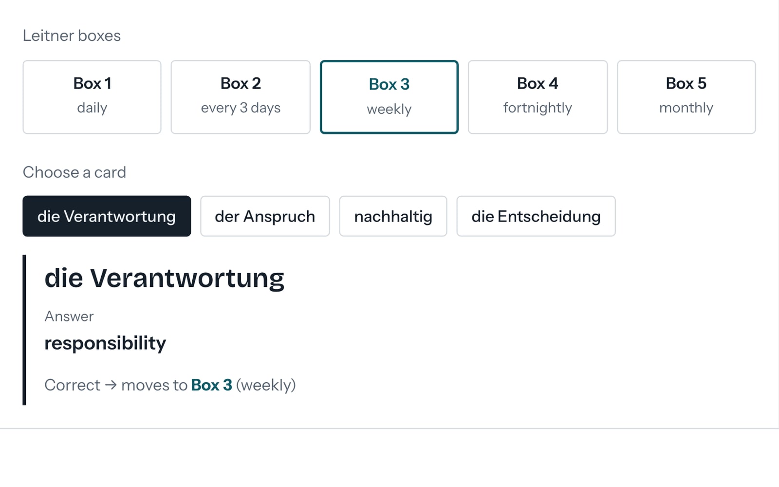 Interactive demo of Leitner spaced repetition: pick a card to see its translation and which box it moves to.